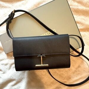 Tom Ford Pebbled Calfskin T Clasp Tara Leather Wallet on Strap *with box*